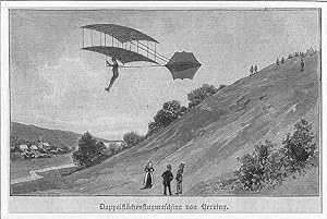 Flugmaschine: Doppelflächenflugmaschine von Herring, Holzstich, um 1899, 7x12 cm Bildformat