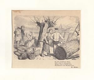 Korbmacher: Beim Verkauf von Körben, Holzstich, um 1870, 10x12 cm Bildformat