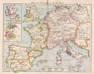 EUROPA, Mittel- und Westeuropa zur Zeit der Staufer., Farbdruck um 1895, Mittelpunkt: Basel, und ...