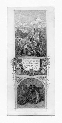 Wein: Allegorie auf den Rheinwein mit vielen lustigen Weintrinkern, Radierung (Variante 2), um 18...