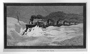 Eisenbahn: Schneepflug beim Angriff. Lokomotive mit Schneepflug, Holzstich, um 1887, 10x18 cm Bil...