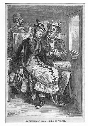 Eisenbahn: Un professeur et sa femme en wagon. Im Abteil, Holzstich, um 1880, 13x9 cm Bildformat