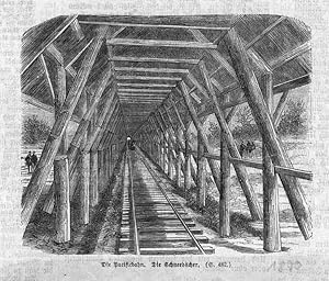 Eisenbahn: Pacificbahn. Die Schneedächer, Holzstich, um 1870, 9x11 cm Bildformat