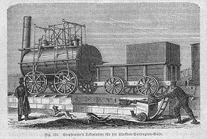 Eisenbahn: Lokomotive von Stephenson für die Darlington Bahn, Holzstich, um 1875, 8x12 cm Bildformat