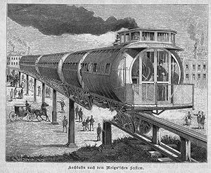 Eisenbahn: Hochbahn nach dem Meigs'schen System, Holzstich, um 1886, 9x12 cm Bildformat