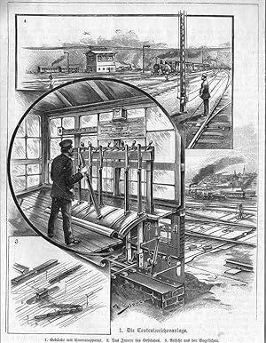 Eisenbahn: Die Centralweichenanlage: Weichenanlage. 1. Gebäude mit Centralapparat. 2. Das Innere ...