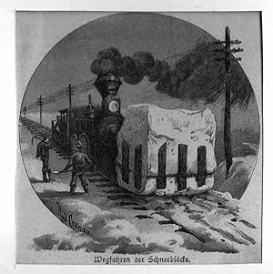Eisenbahn: Wegfahren der Schneeblöcke. Lokomotive beim Schneeräumen, Holzstich, um 1885, 9x9 cm B...
