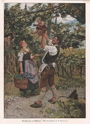 Wein: Herbstfreuden im Etschland: Familie mit Kind bei der Weinernte, Farbdruck, um 1900, 31x22 c...