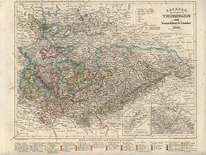 Sachsen, die Staaten in Thüringen und benachbarte Länder 1848. Grenzkolorierte Stahlstich-Karte n...