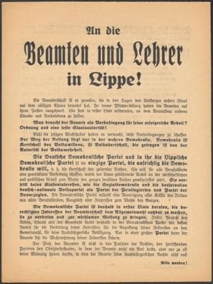 An die Beamten und Lehrer in Lippe! Programmatisches Flugblatt der Lippischen Demokratischen Partei.