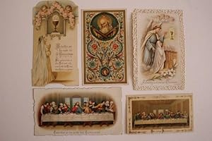 Konvolut von 5 chromolithographierten Heiligen- und Kommunionbildern, um 1899-1912. Verschiedene ...