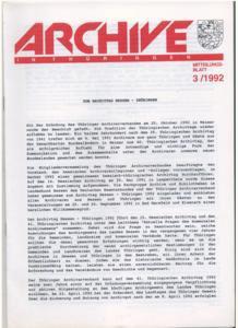 Archive in Thüringen: Mitteilungsblatt; 3/1992. Hrsg. von den Thüringischen Staatsarchiven im Auf...