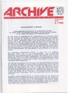 Archive in Thüringen: Mitteilungsblatt; 2/1992. Hrsg. von den Thüringischen Staatsarchiven im Auf...