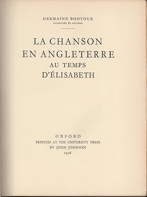 La Chanson en Angleterre au temps d'Èlisabeth