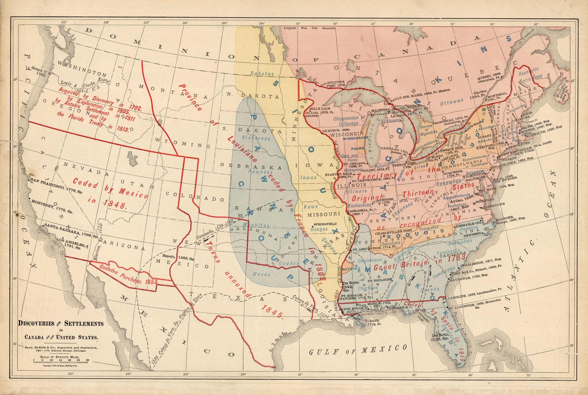 Discoveries and Settlements in Canada and the United States (1905) Map