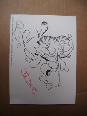 Handsignierte Postkarte von Davis. Motiv: Garfield auf einem Hund reitend (siehe Foto).