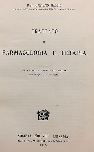 Trattato di farmacologia e terapia con 53 figure nere e colorate.