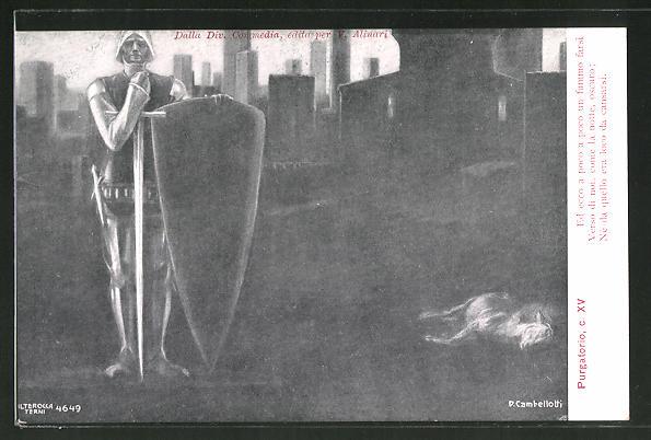Ansichtskarte Dante Alighieri, Göttliche Komödie, Illustration von Vittorio Alinari, Ritter