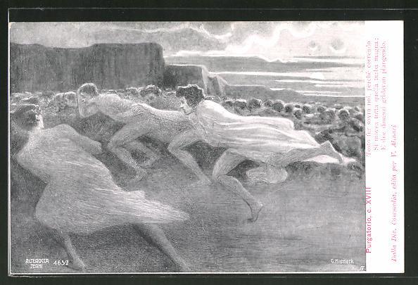Ansichtskarte Dante Alighieri, Göttliche Komödie, Illustration von Vittorio Alinari, Flucht