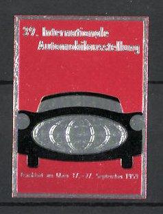 Reklamemarke Frankfurt / Main, 39. Internationale Automobilausstellung 1959, Auto mit Globus als Kühlergrill