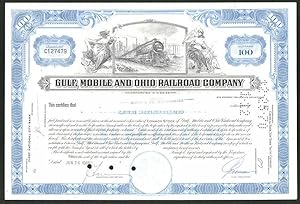 Aktie von Gulf, Mobile and Ohio Railroad Company, 100 Anteile, 1968, Personenzug mit Dampflok