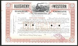 Aktie von Allegheny and Western Railway Company, 1959, 100 Anteile, Eisenbahn mit Dampflok Nr. 20...
