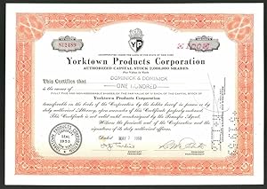 Aktie von Yorktown Products Corporation, New York 1959, 100 Anteile, Firmenlogo - Wappen mit Löwe