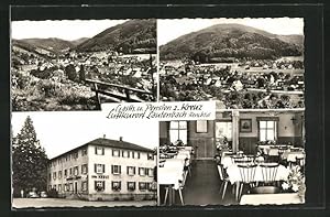 Ansichtskarte Lautenbach / Renchtal, Gasthaus-Pension z. Kreuz, verschiedene Ortspanoramen