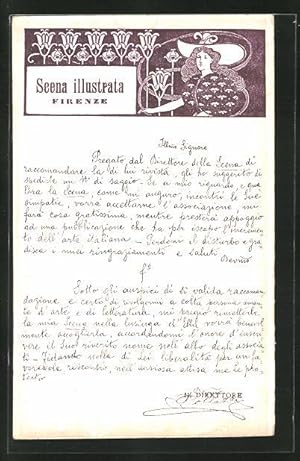 Cartolina Firenze, Scena Illustrata, Schöne Frau und Jugendstil-Ornamentik, rückseitig Palazzo Ve...