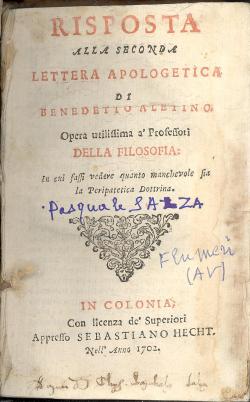 RISPOSTA alla Seconda LETTERA APOLOGETICA di Benedetto Aletino. Opera utilissima a'Professori DEL...