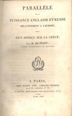 Paralléle de la puissance anglaise et russe relativement a l'Europe, suivi d'un Apercu sur la Gré...