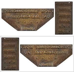 Two Original Brass binding die-stamps for the front board and spine of the book: From Beast-Machi...
