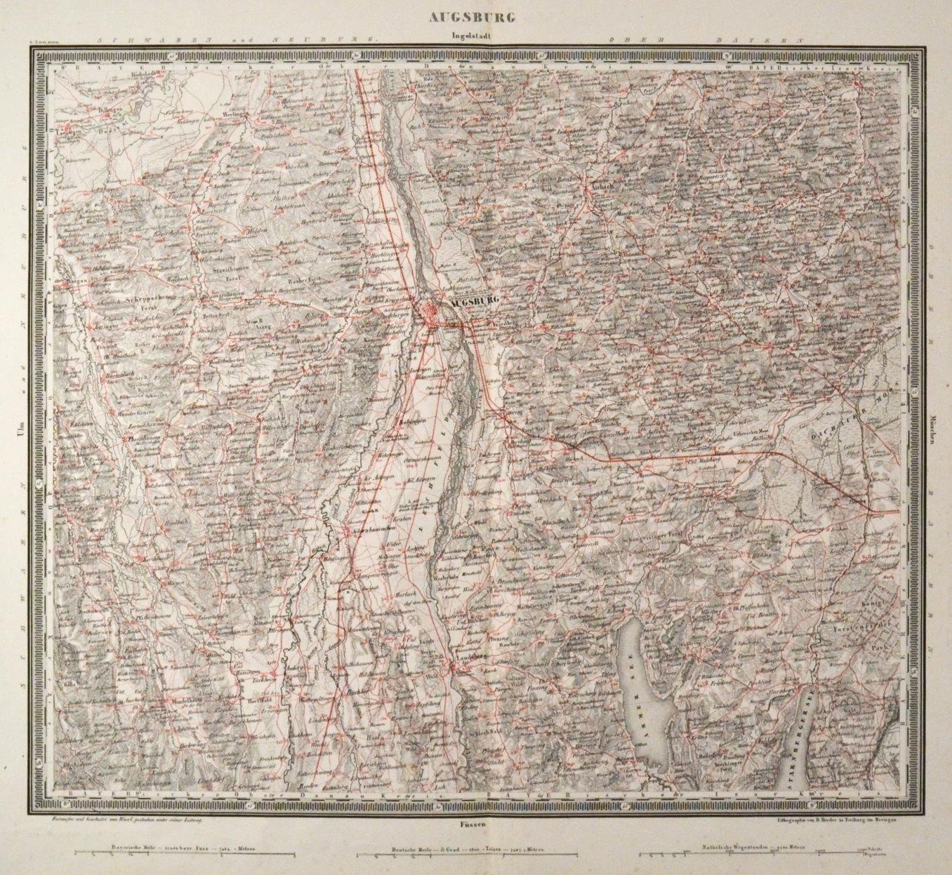SCHWABEN. - Bayerisch-Schwaben. - Karte. "Augsburg - Ingolstadt".: Art