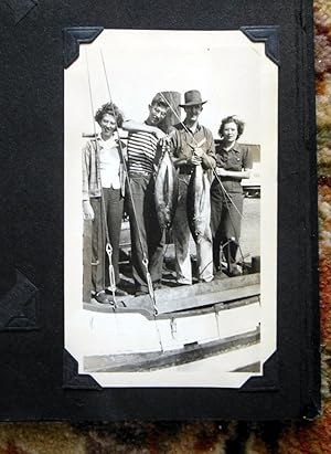 1950s FAMILY PHOTO ALBUM w/ 50 SNAPSHOTS in BOATS on BEACH with BIG FISH