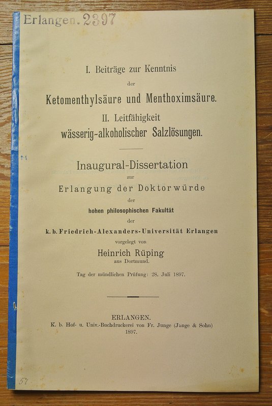 I. Beiträge zur Kenntnis der Ketomenthylsäure und Menthoximsäure. II. Leitfähigkeit wässerig-alkoholischer Salzlösungen / Heinrich Rüping