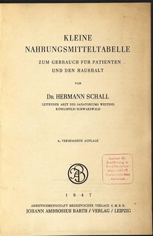 Kleine Nahrungsmitteltabelle. Zum Gebrauch für Patienten und den Haushalt.