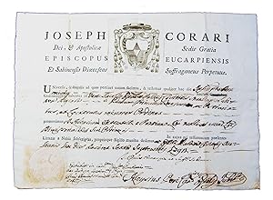 Due certificati ecclesiastici di vari argomenti, compilati nel 1695 e 1792, con firme e sigilli d...