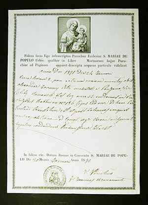 Certificato di estrema unzione e morte ("Fidem facio") ? Roma, 1871.
