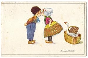 Due bambini che si baciano e un'oca in un cesto. Illustratori: Mauzan Lucien Achille.