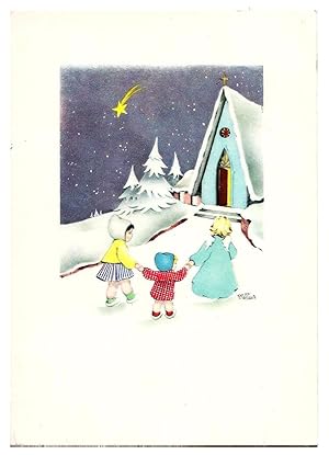 Bambini in un paesaggio invernale con chiesetta e stella cometa. Illustratori italiani: P. Collina.