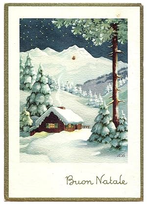 Paesaggio montano invernale. Buon Natale. Illustratori italiani.