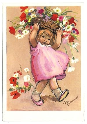 Bambina con cesto di fiori in testa. Illustratori italiani: Adelina Zandrino.