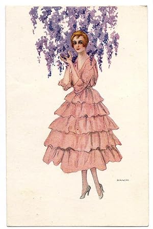 Donna in piedi, in abito rosa con glicine alle spalle. Illustratori italiani: Bianchi.