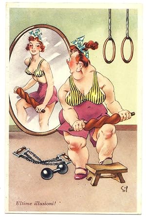 Donna grassa che si vede magra allo specchio. "Ultime illusioni!". Illustratori italiani: Sil.