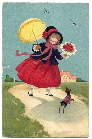 Bambina vestita a festa con ombrellino, cappello e bouquet di fiori. Illustratori: F.B.