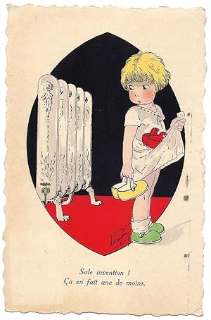 Bambina con scarpe e termosifone. "Sale invention! Ca en fait une de moins". Illustratori francesi.