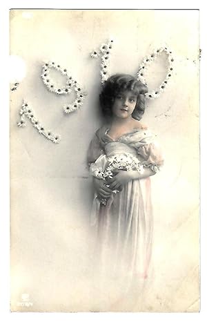 Cartolina augurale - 1910 - Bambina con fiori tra le braccia.