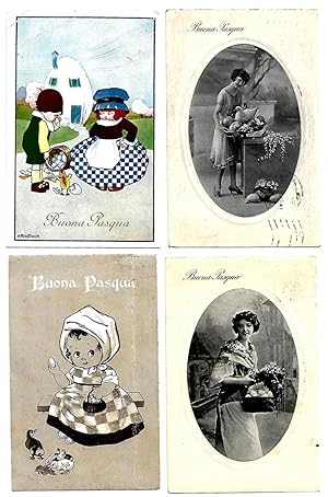 Cartolina augurale di illustratore italiano (A. Bertiglia - Buona Pasqua). Lotto con altre 3 cart...