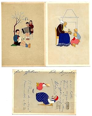 Set di 3 cartoline illustrate con bambini e anziani - Serie Casa Mamma Domenica - Maria del Giglio.