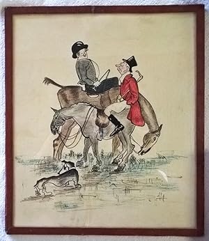 Disegno caricaturale a colori con due persone a cavallo e un cane - circa 1940.